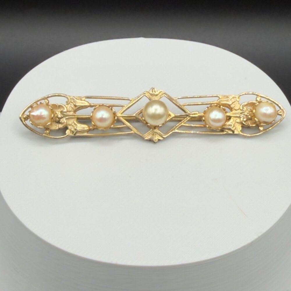 Vintage Edwardian Style Gold Filled Pearl Bar Brooch Pin Antique Design